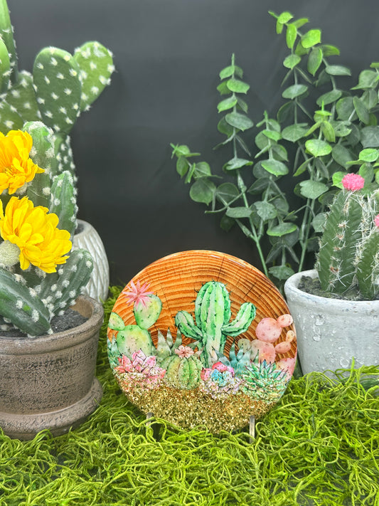 Cactus on Vintage Wood Ceramic, Round Coaster