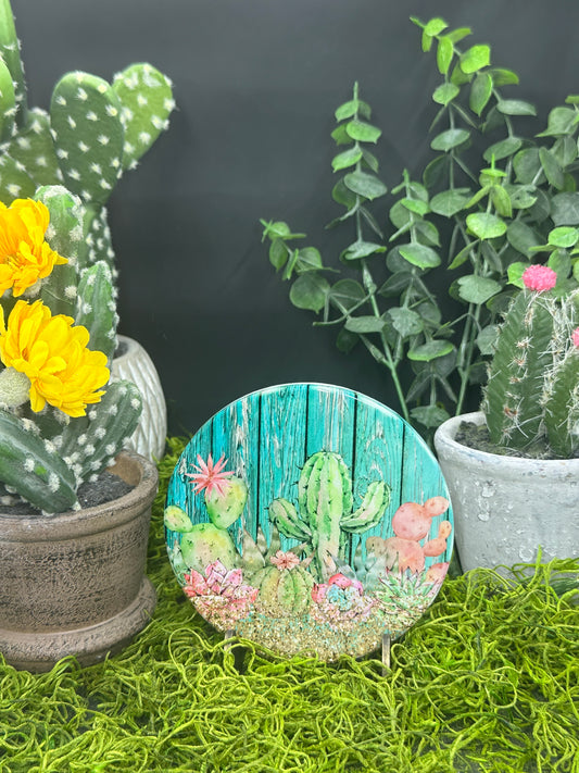 Cactus on Teal Fence Ceramic, Round Coaster