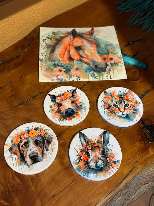 Dog in Flowers Ceramic, Round Coaster