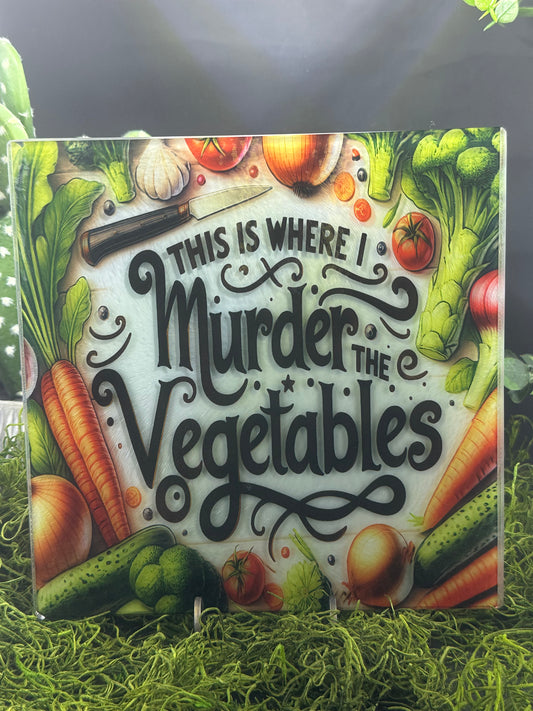 Murder My Veggies Square Glass Plate