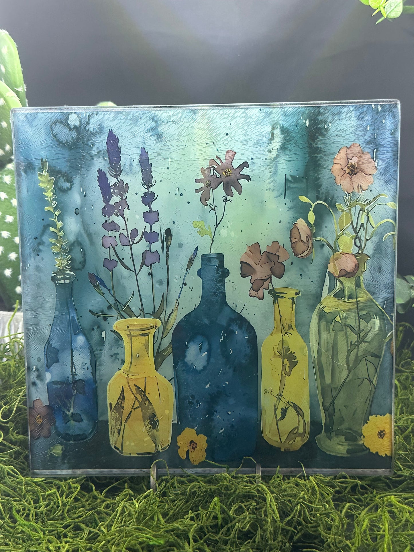 Flowers in Bottles Blue Square Glass Plate