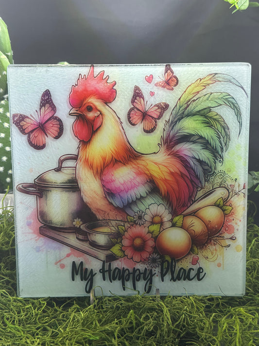 Happy Place Hen Square Glass Plate