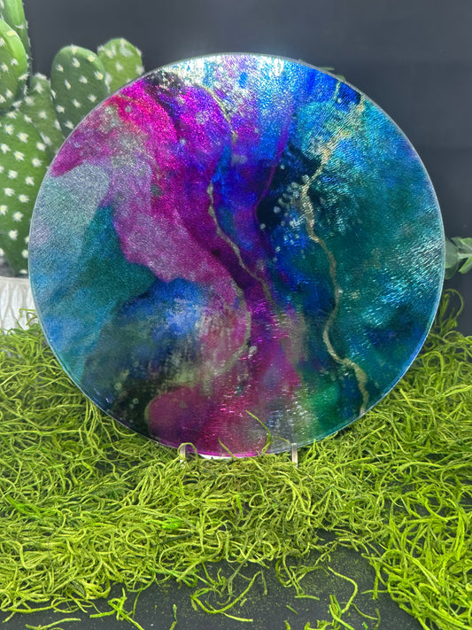 Jewel Tone Swirls Round Glass Plate