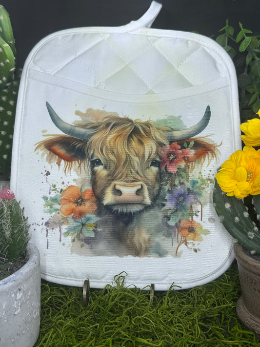 Highland Cow Floral Pot Holder