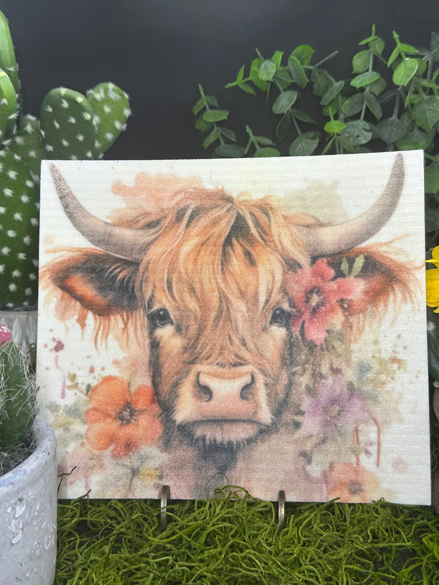 Highland Cow Floral Swedish Dishcloth