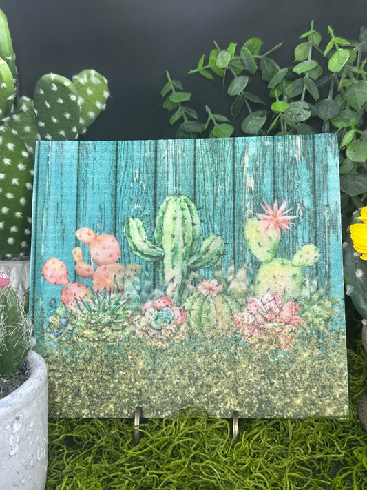 Cactus on Teal Fence Swedish Dishcloth