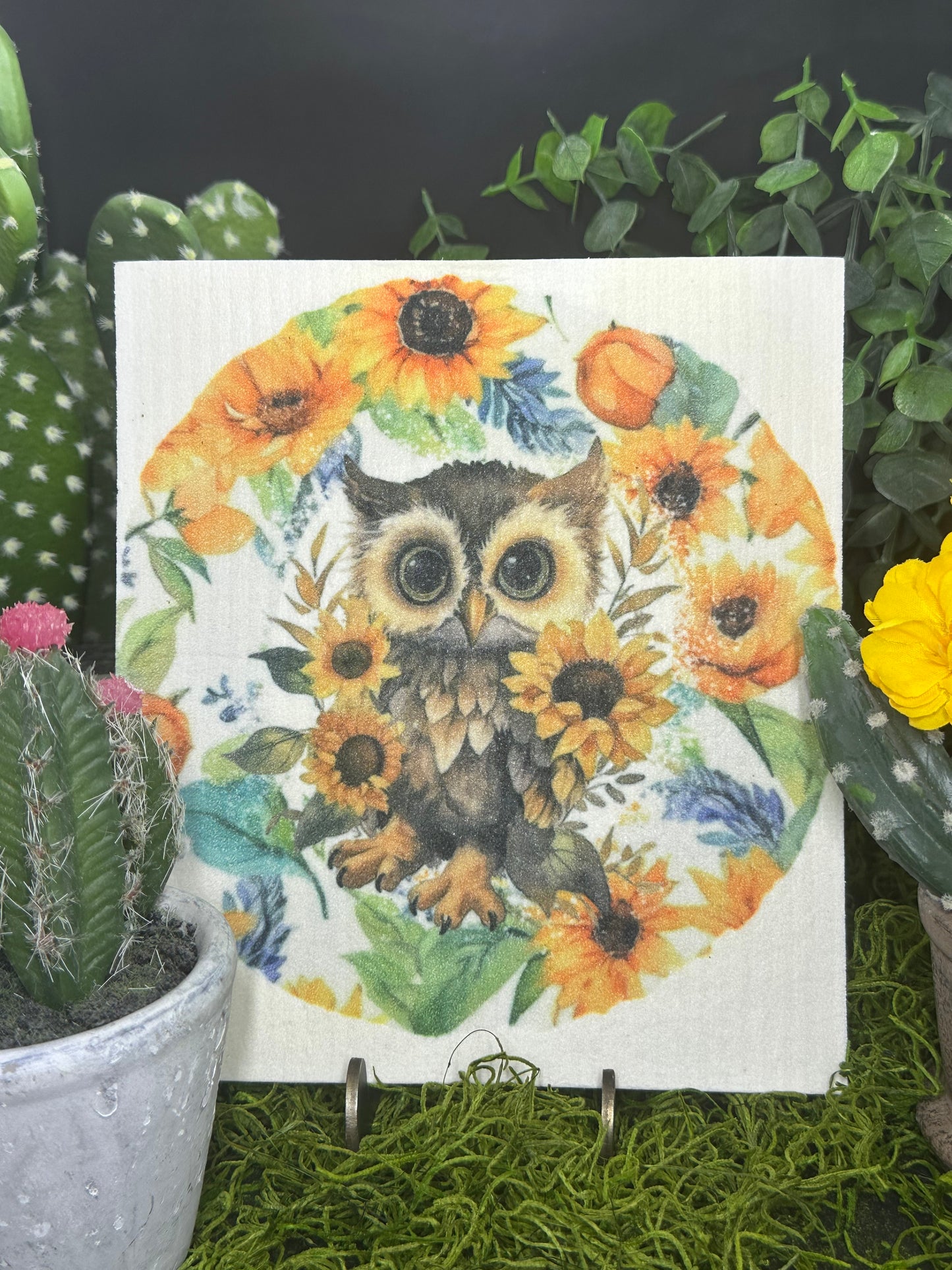 Owl In Flowers Swedish Dishcloth