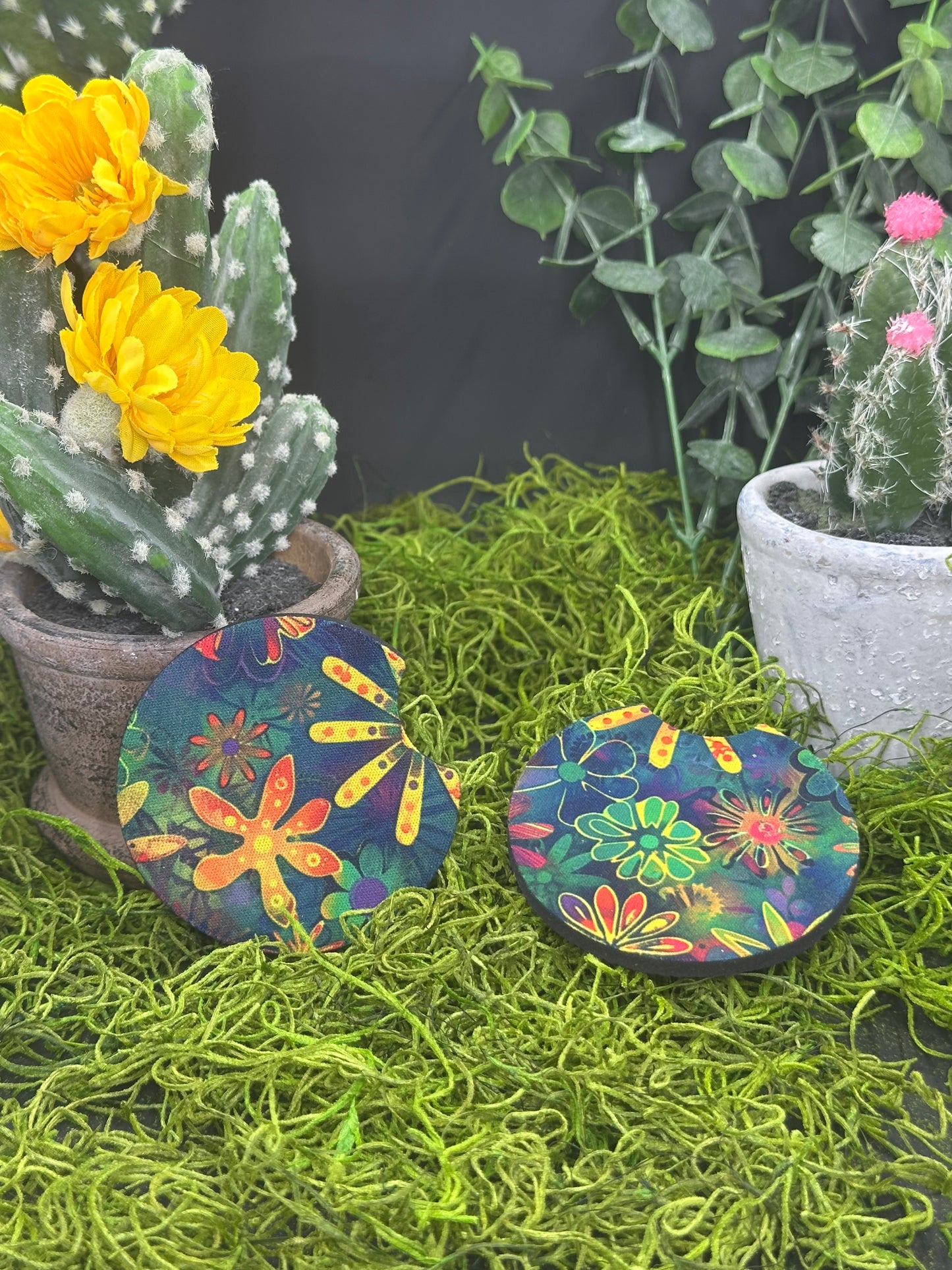 Hippy Flowers Green Set of 2 Auto Coasters