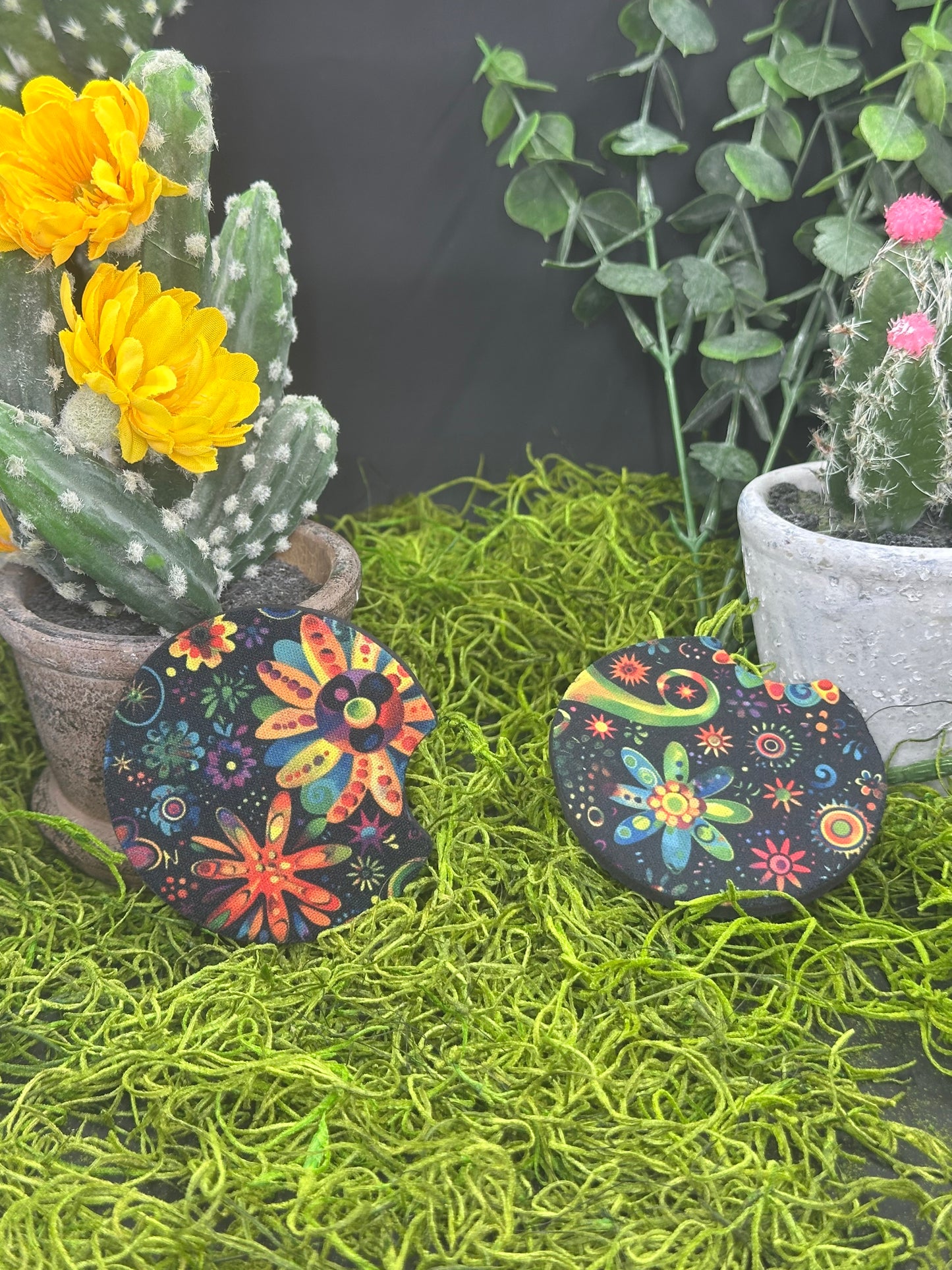 Hippy Flowers Black Set of 2 Auto Coasters