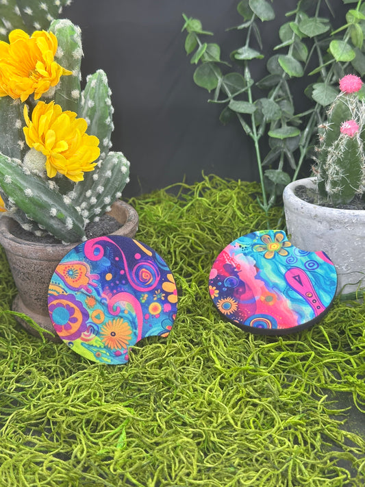 Hippy Jewel Tone Swirls Set of 2 Auto Coasters