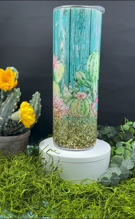 Cactus on Turquoise Wood Skinny Tumbler