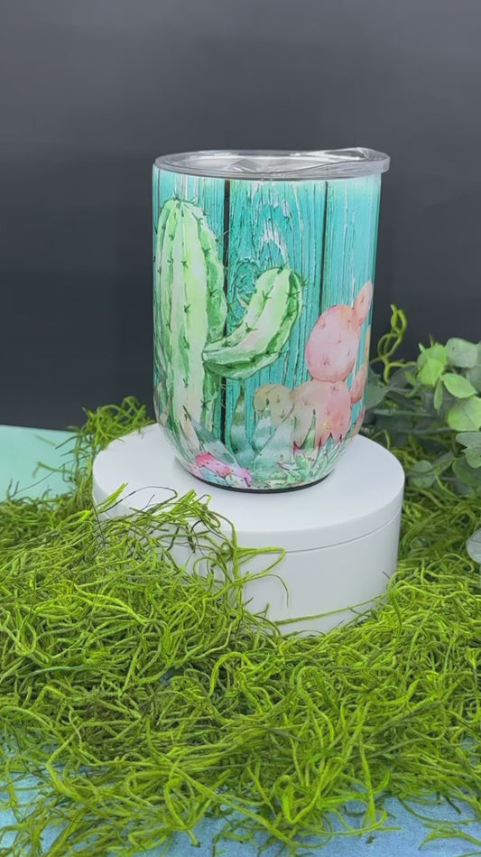 Cactus on Turquoise Wood Wine Tumbler